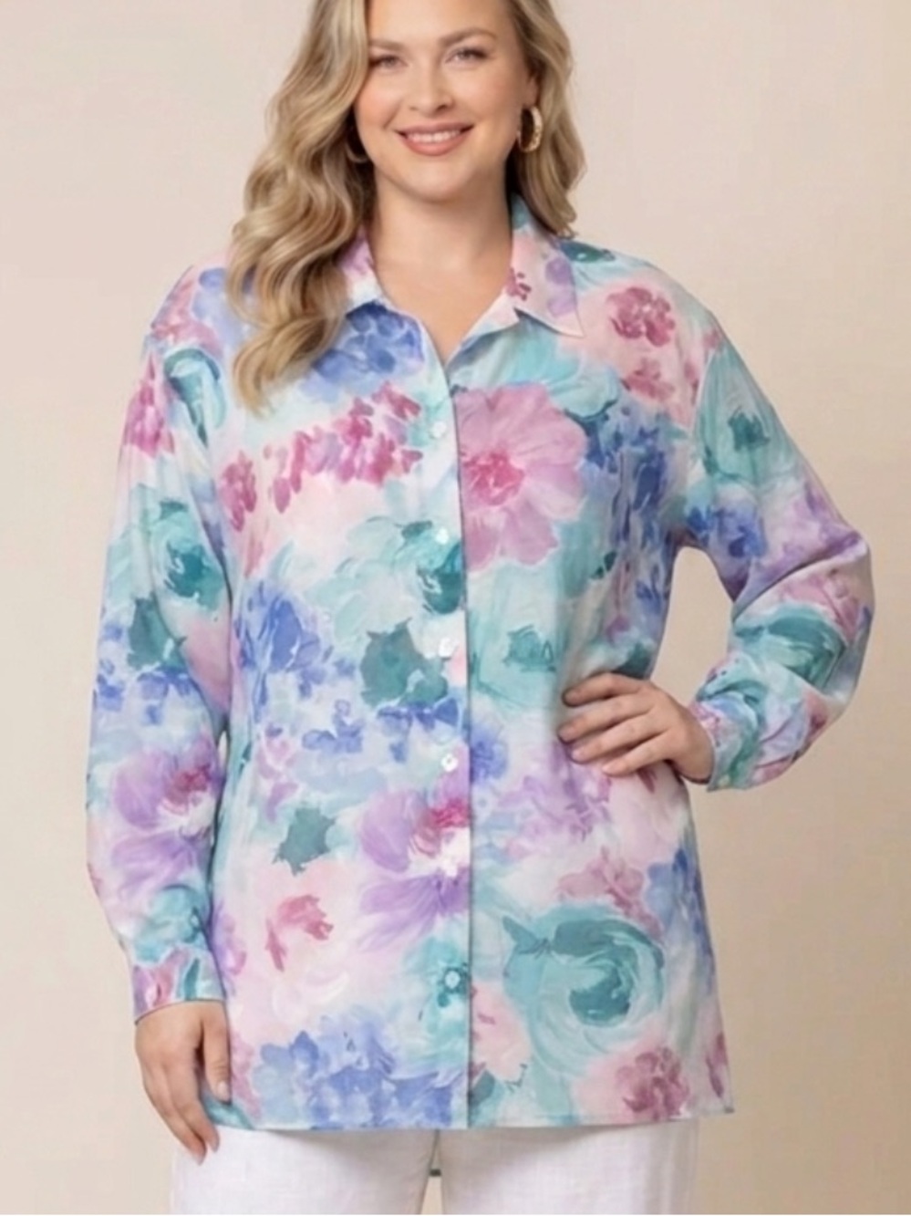 Vintage Koret Francisca Watercolor Floral Shirt Womens Size Large Long Sleeve